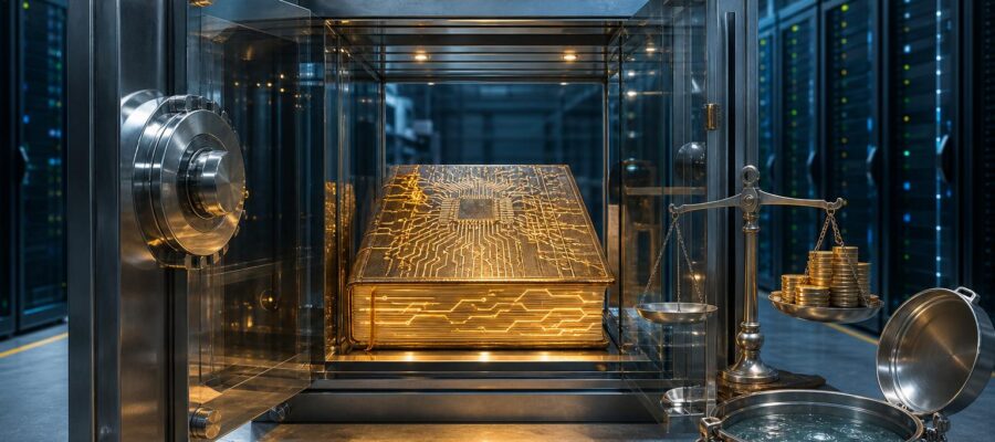 Ein geöffnete Tresorkammer in einem Datenzentrum zeigt ein goldenes Buch mit leuchtenden Schaltkreis-Mustern, eine Waage