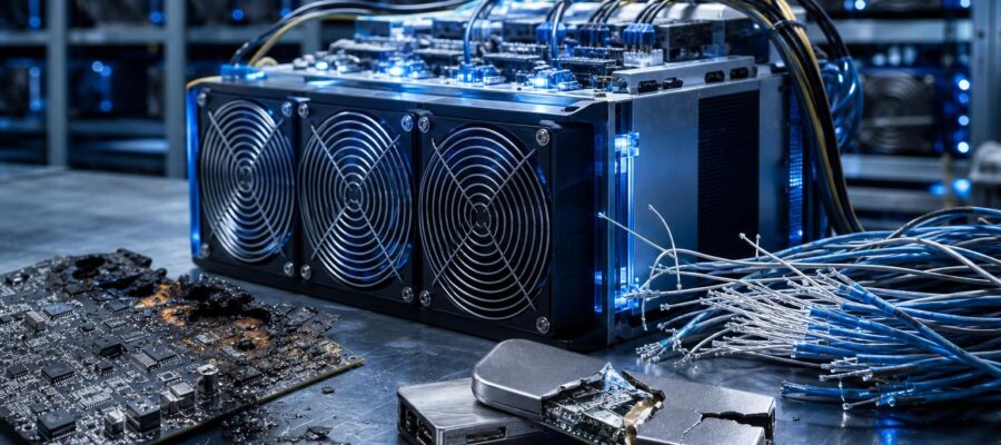 Ein glänzender ASIC-Mining-Rig mit leuchtenden LEDs steht in einem industriellen Rechenzentrum neben zerstörter Hardware und