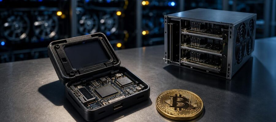 Ein geöffnetes Coldcard-Hardware-Wallet, eine glänzende Bitcoin-Münze und ein AI-Server-Rack-Modell stehen auf einem