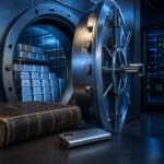Analyse der XRP-Börsenreserven und ihrer Einflussgrenzen Ein halbgeöffnetes Tresortor zeigt glänzende Metallbarren, daneben liegen ein antikes Buch und ein Hardware-Wallet vor einem