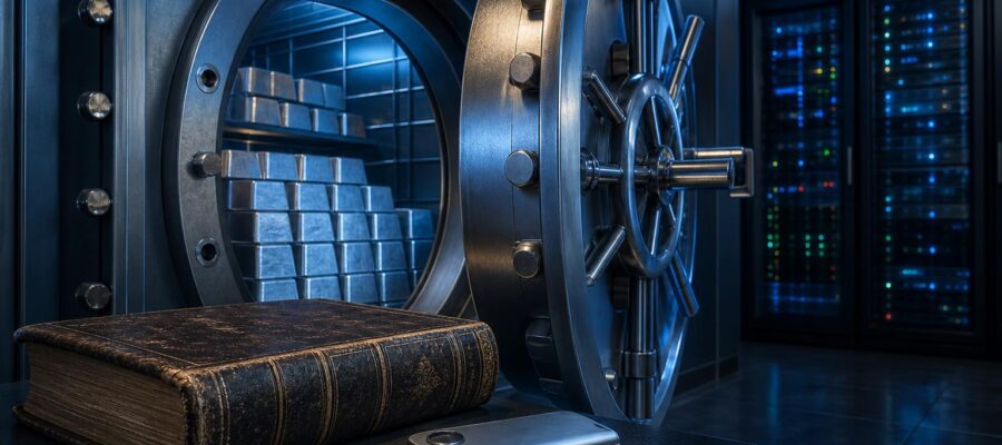 Ein halbgeöffnetes Tresortor zeigt glänzende Metallbarren, daneben liegen ein antikes Buch und ein Hardware-Wallet vor einem