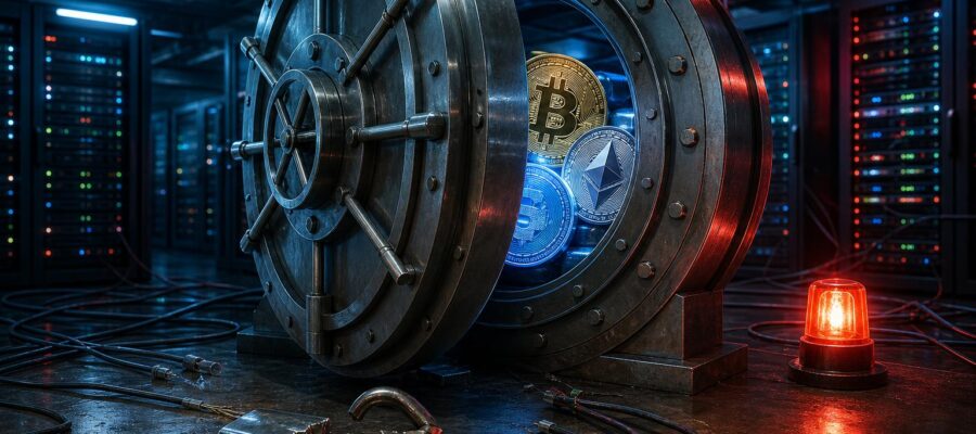Ein gehacktes Stahlvault in einem Rechenzentrum, mit Symbolen für Bitcoin und Ethereum sichtbar.