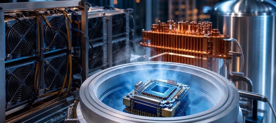 Ein glänzender Quantenchip schwebt in flüssigem Stickstoff neben Bitcoin-Mining-Einheiten in einem Labor.