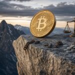Bitcoin scheitert trotz ETF-Milliarden an Widerstandszone und verliert an Schwung Eine große Bitcoin-Münze steht auf einer Felsplatte mit einer Waage, zerbrochenen Ketten und einem umgestürzten Beutel