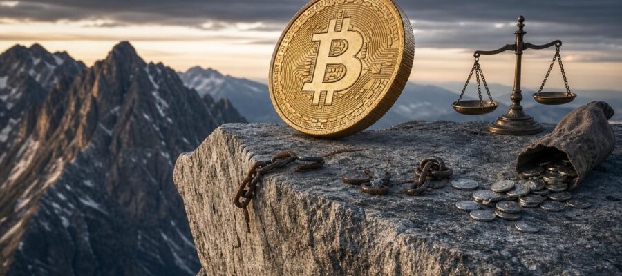 Eine große Bitcoin-Münze steht auf einer Felsplatte mit einer Waage, zerbrochenen Ketten und einem umgestürzten Beutel