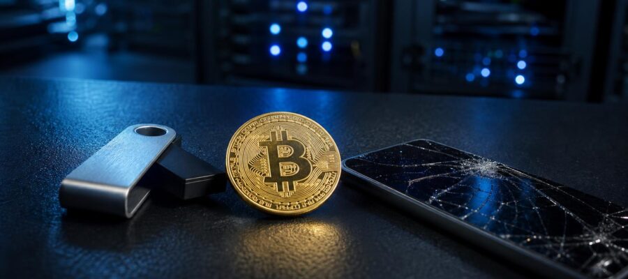 Eine glänzende Bitcoin-Münze liegt neben einem silbernen Hardware-Wallet und einem zerbrochenen Smartphone auf einem