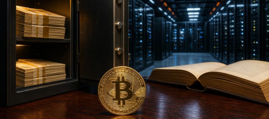 Eine Bitcoin-Münze liegt auf einem dunklen Tisch vor einem offenen Tresor mit Geldbündeln und einem Buch der