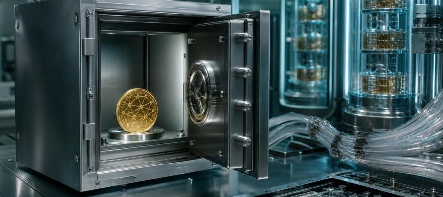Ein geöffnetes Hochsicherheits-Vault zeigt eine goldene Münze mit Netzwerk-Muster in einem Quanten-Computing-Labor mit