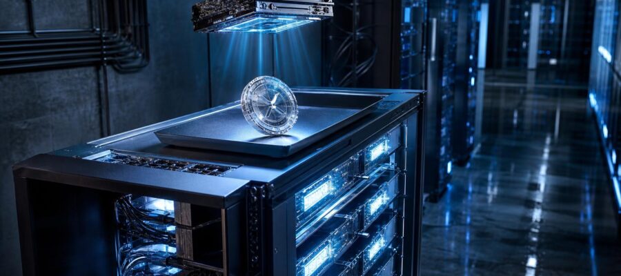 Ein moderner Serverraum mit leuchtenden Serverracks, einem schwebenden Chip und einem Kristall-Token auf einem Metalltablett.