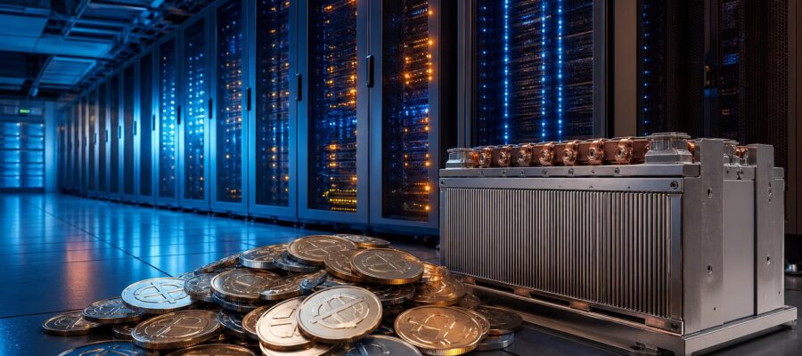 Server-Racks mit blinkenden Lichtern in einem Rechenzentrum, neben e-CNY-Token und einer Metall-Batterie.