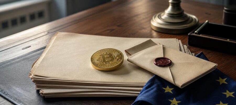 Eine Bitcoin-Münze liegt auf Dokumenten, daneben ein versiegeltes Kuvert und ein EU-Flaggenfetzen auf einem Schreibtisch.