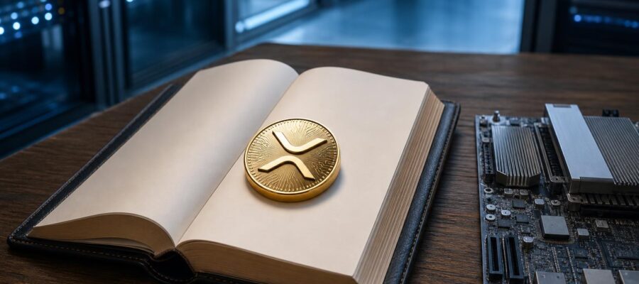 Ein goldener XRP-Token liegt auf einem offenen Buch neben einem Server-Motherboard in einem modernen Datenzentrum.