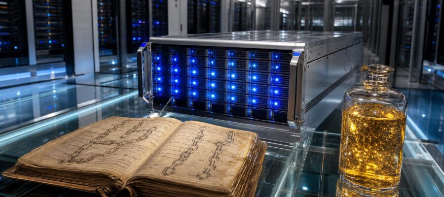 Ein silbernes Server-Rack mit blauen LEDs steht neben einem antiken Buch mit Kettenmotiven und einem Glasbehälter mit