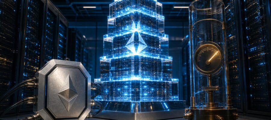 Ein leuchtender Glassturm aus prismatischen Blöcken steht neben einem silbernen Knoten und einem Messzylinder in einem