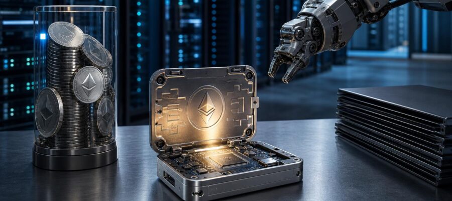 Ein geoffneter Ethereum-Hardware-Wallet leuchtet neben einem Stapel Aktenordnern und einem Glaszylinder mit Ethereum-Münzen
