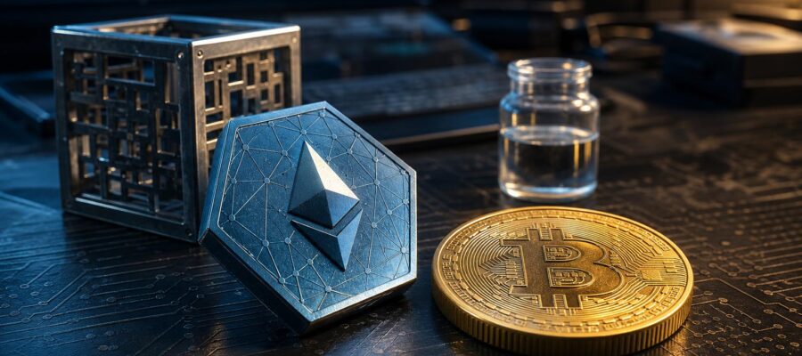 Ein blauer Ethereum-Chip und eine goldene Bitcoin-Münze liegen auf einer dunklen Tischplatte mit Leiterplattenmuster.