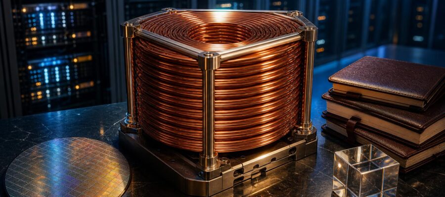 Ein glänzender Kupfer-Spiralkern steht auf einem Tisch neben einem Silicon-Wafer, einem gläsernen Würfel und einem Stapel