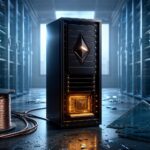 Ethereum unter Druck: ETF-Abflüsse, makroökonomischer Stress und das Glamsterdam-Upgrade im Oktober 2026 Ein futuristischer Server mit Ethereum-Symbol steht in einem Rechenzentrum, umgeben von leeren Rack-Schubladen, einer dicken