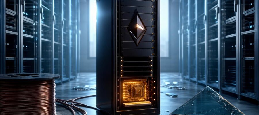 Ein futuristischer Server mit Ethereum-Symbol steht in einem Rechenzentrum, umgeben von leeren Rack-Schubladen, einer dicken