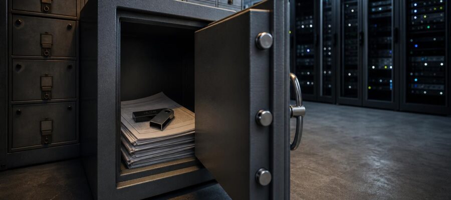 Ein geoffneter Banksafe mit einem Bitcoin-Hardware-Wallet auf Steuerformularen vor Serverracks.