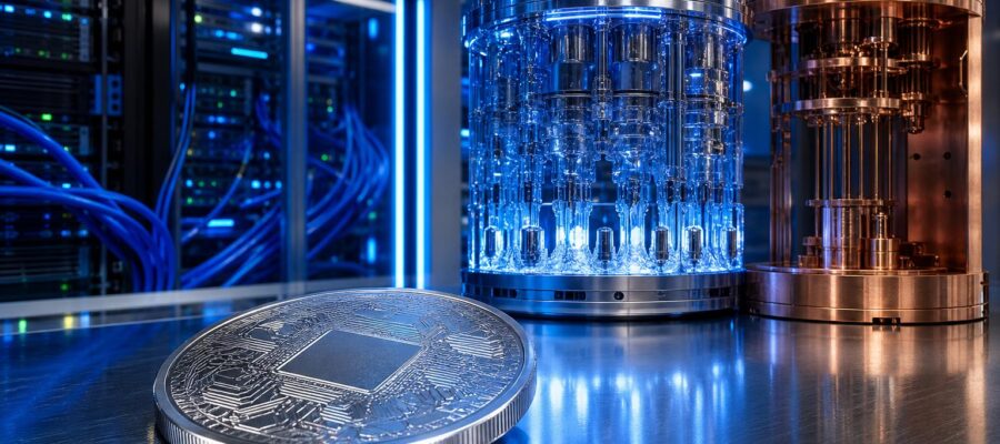 Ein silberner Hardware-Token liegt auf einem Metalltisch vor einem futuristischen Serverraum mit blau leuchtenden Kabeln und