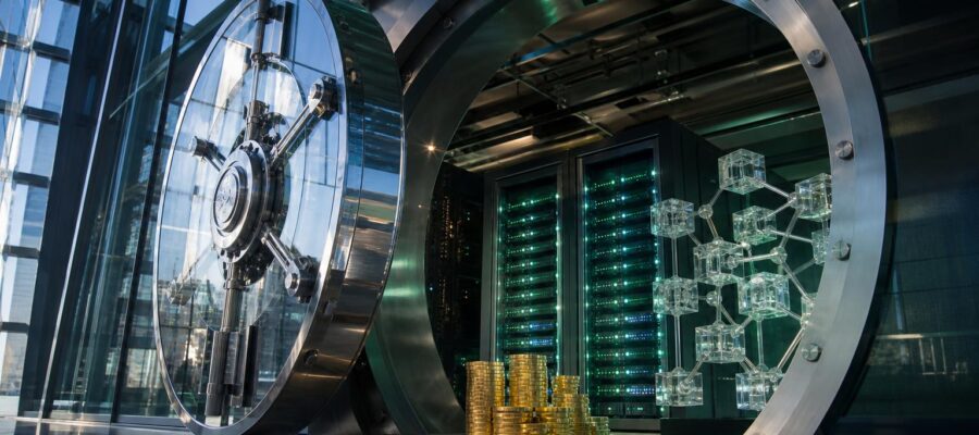 Ein Tresor mit goldenen Münzen neben einem Server-Rack und einem transparenten Blockchain-Symbol in einem modernen Gebäude.