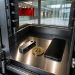 Krypto powered by Deka - Regulierter Kryptohandel jetzt in der Sparkassen-App Ein Tresor mit einer Ledger-Hardware-Wallet, einer Bitcoin-Münze und einem Smartphone auf einer glänzenden Metallfläche.