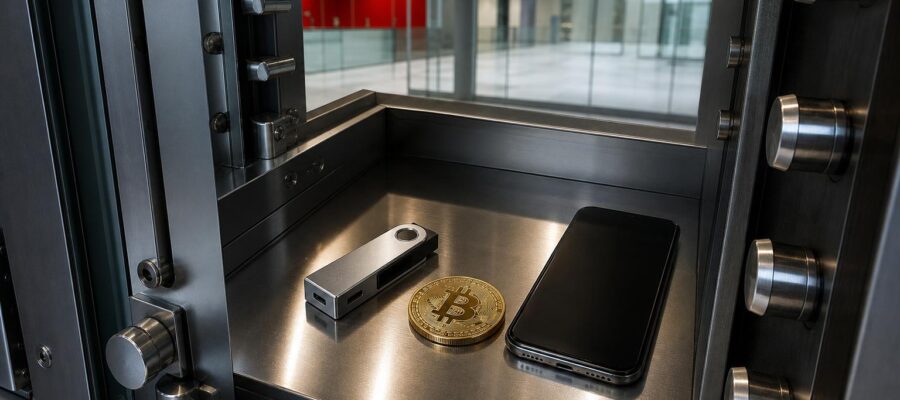 Ein Tresor mit einer Ledger-Hardware-Wallet, einer Bitcoin-Münze und einem Smartphone auf einer glänzenden Metallfläche.
