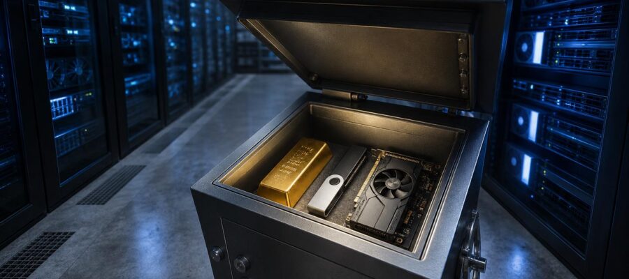 Ein geöffneter Stahlsafe mit einem Goldbarren, einem Ledger-Wallet und einer GPU-Karte in einer Datenzentrumshalle mit