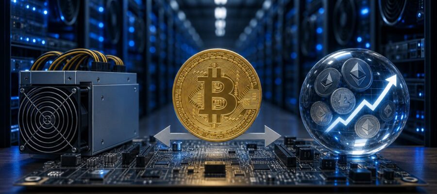 Ein goldener Bitcoin-Token liegt auf einem Motherboard neben einem ASIC-Mining-Rig und einer Glas-Kugel mit Altcoin-Symbolen