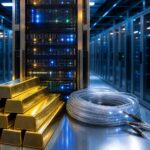 Ein Server-Rack mit leuchtenden LEDs steht neben einem Stapel Goldbarren und einem Glasfaserkabel in einem klimatisierten