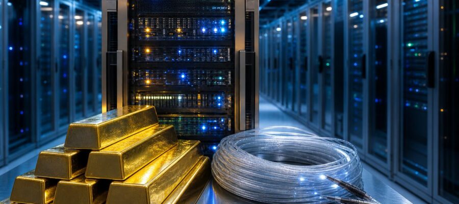 Ein Server-Rack mit leuchtenden LEDs steht neben einem Stapel Goldbarren und einem Glasfaserkabel in einem klimatisierten