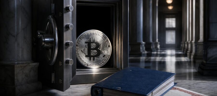 Ein halb geöffneter Tresor mit einem Bitcoin-Münzstück davor, daneben liegen ein blaues Gesetzbuch und ein versiegelter