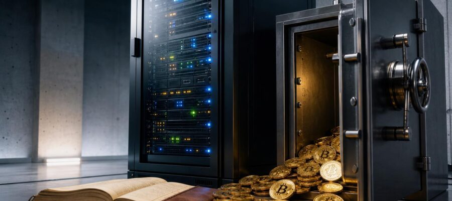 Ein Server-Rack mit blinkenden LEDs steht neben einem offenen Tresor, aus dem goldene Bitcoin-Münzen fallen. Ein geöffnetes