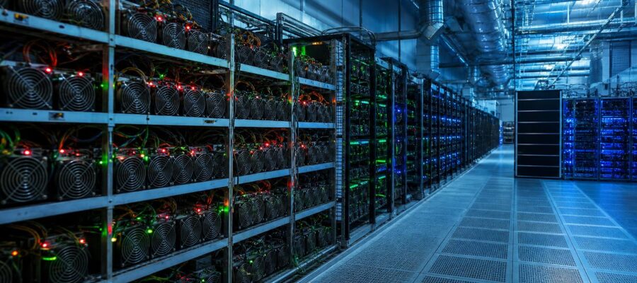 Eine lange Reihe von Bitcoin-ASIC-Miner, die in glänzende GPU-AI-Server übergeht, steht in einer klimatisierten