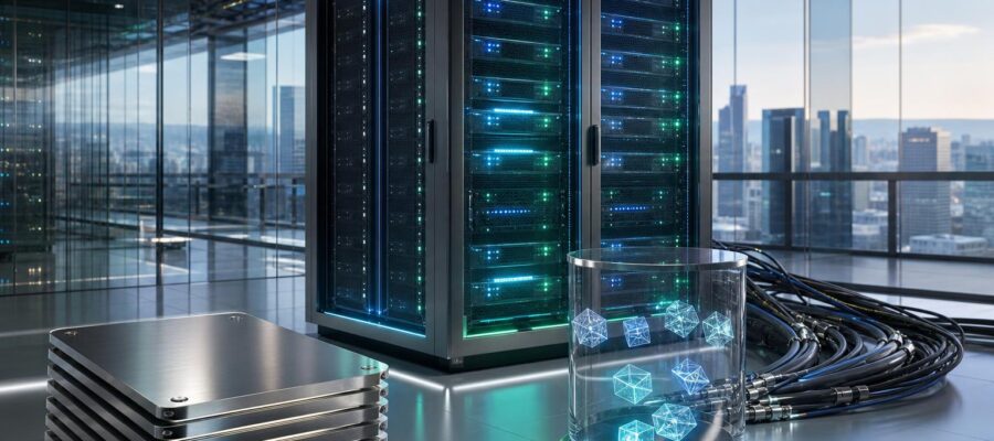 Ein beleuchtetes Server-Rack mit blau-grünen LEDs steht in einer modernen Halle mit Glaswänden und Stadtblick. Daneben