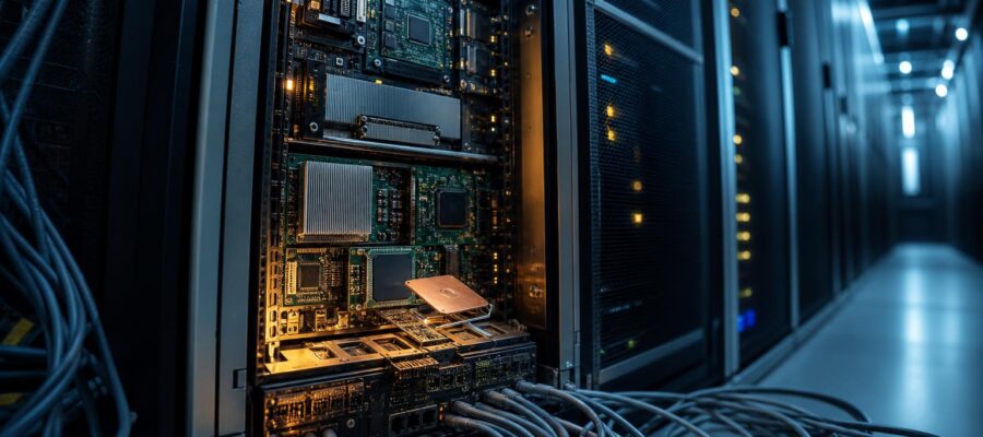 Ein geoffnetes Server-Rack mit sichtbaren Prozessorkarten und Chips in einem Datenzentrum, umgeben von dichten