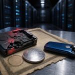 Ein beschädigtes Hardware-Wallet mit freiliegenden Chips liegt neben einem blauen Metallschlüsselanhänger, einer silbernen
