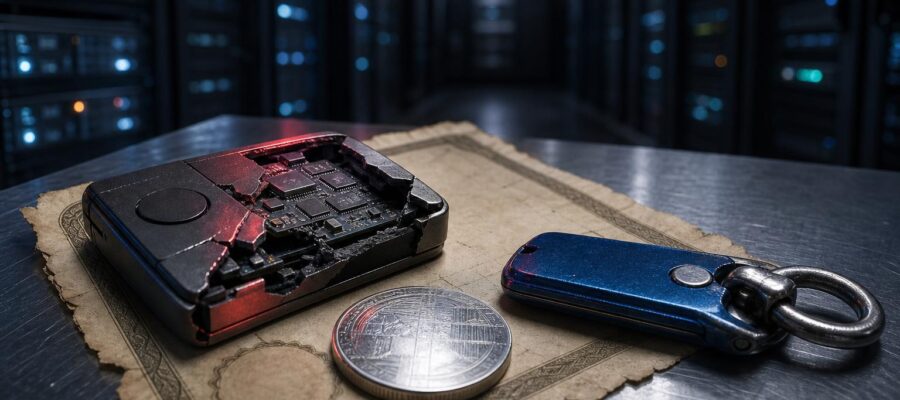 Ein beschädigtes Hardware-Wallet mit freiliegenden Chips liegt neben einem blauen Metallschlüsselanhänger, einer silbernen