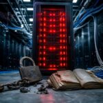 Ein Server-Rack mit roten Warn-LEDs in einem Rechenzentrum, umgeben von einem zerbrochenen Schloss, einer zerbrochenen Kette