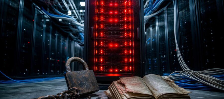 Ein Server-Rack mit roten Warn-LEDs in einem Rechenzentrum, umgeben von einem zerbrochenen Schloss, einer zerbrochenen Kette