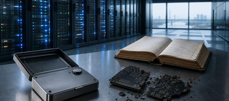 Ein Server-Rack mit blinkenden Lichtern, ein offenes Metall-Hardware-Wallet, zerbrochene Leiterplatten und ein altes