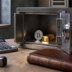 Ein geöffnete Tresorbox mit einer Bitcoin-Münze und einem Goldbarren auf einem Schreibtisch mit Taschenrechner, Stempel und