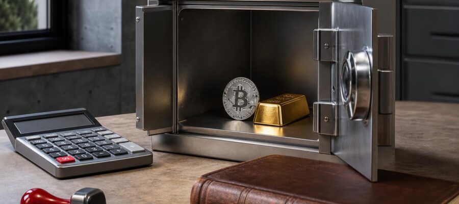 Ein geöffnete Tresorbox mit einer Bitcoin-Münze und einem Goldbarren auf einem Schreibtisch mit Taschenrechner, Stempel und