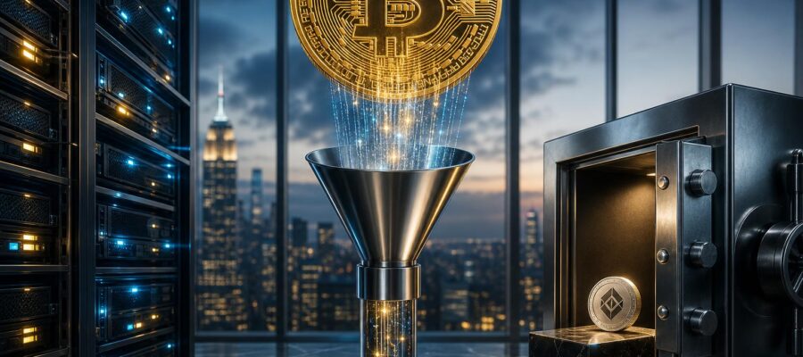 Ein großer Bitcoin fällt in einen Funnel, der in ein Glasrohr führt. Im Hintergrund sind Server und ein silberner Token