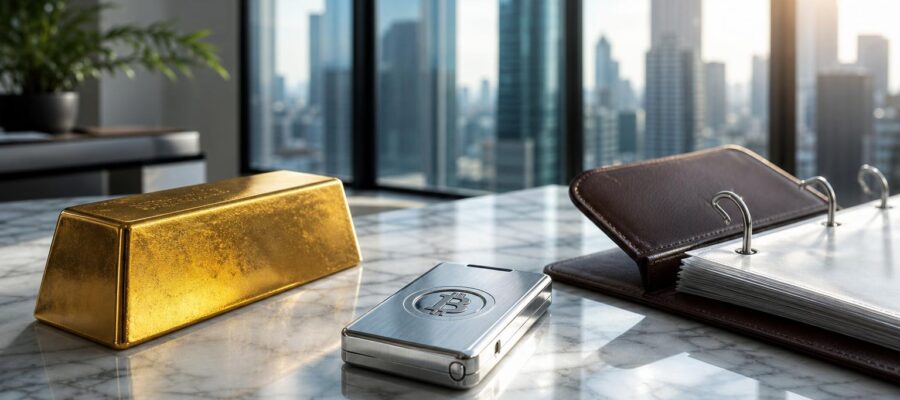 Ein silbernes Bitcoin-Hardware-Wallet, ein goldener Barren und ein offener Aktenordner auf einem Marmortisch in einem