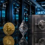 Ein glänzender Bitcoin mit 'B'-Logo liegt neben einem Ethereum-Symbol und einem Tresor vor Server-Racks in einem