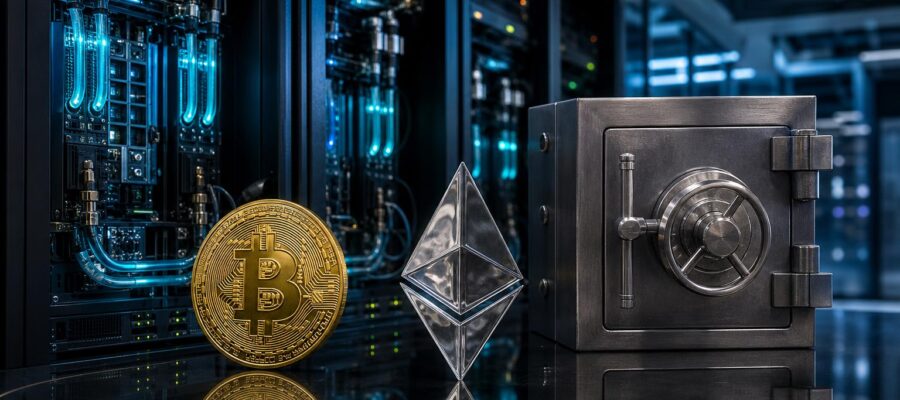 Ein glänzender Bitcoin mit 'B'-Logo liegt neben einem Ethereum-Symbol und einem Tresor vor Server-Racks in einem