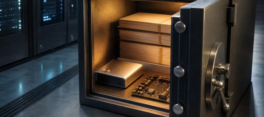 Ein geöffnete Stahlsafe zeigt ein Hardware-Wallet, Stapel von Papierbündeln und eine Leiterplatte in einem modernem
