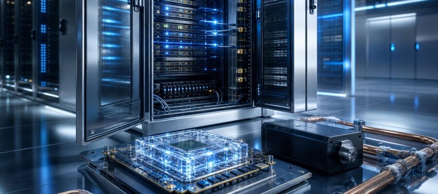 Ein silbernes Serverrack mit blinkenden LEDs in einem klimatisierten Rechenzentrum, daneben liegen ein Quantenchip, ein